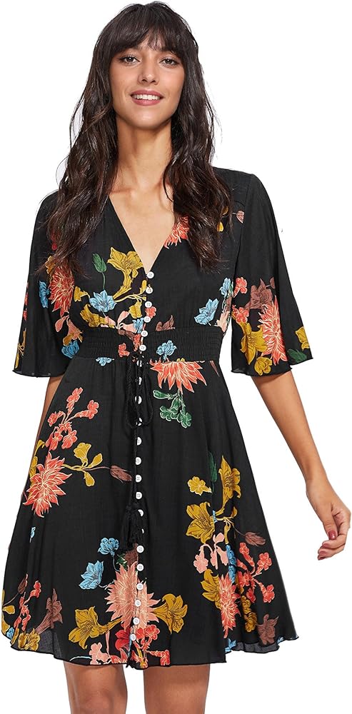 Milumia Women's Vintage Boho Button Up Split Floral Print Flowy Party Dress A Black Large