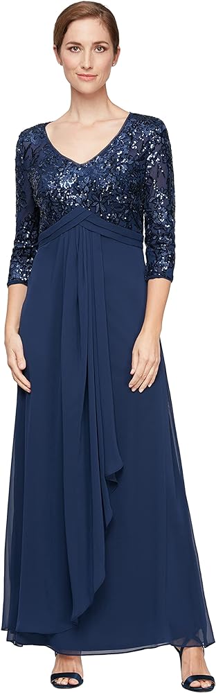 Alex Evenings Women's Long Lace Top Empire Waist Dress, Navy Sequin, 6