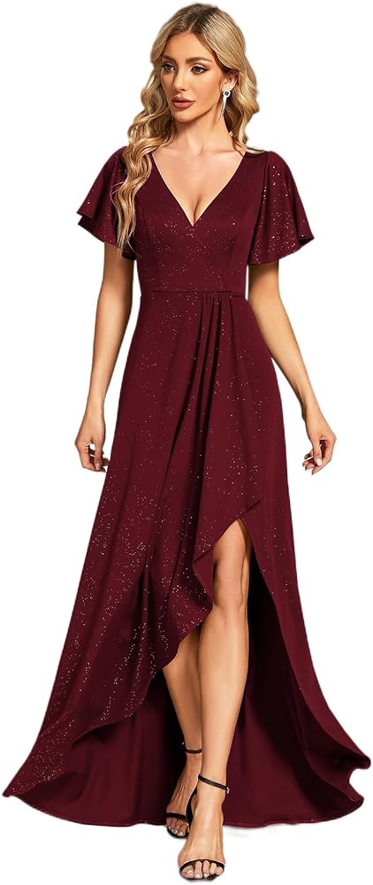 Ever-Pretty Women's Glitter High Low Ruffled Hem V-Neck Formal Dress with Sleeves 01738