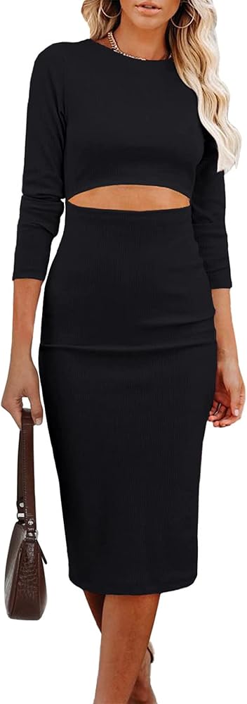 PRETTYGARDEN Women's Long Sleeve Midi Bodycon Dresses Casual Crewneck Cut Out Ribbed Knit Fitted Pencil Dress