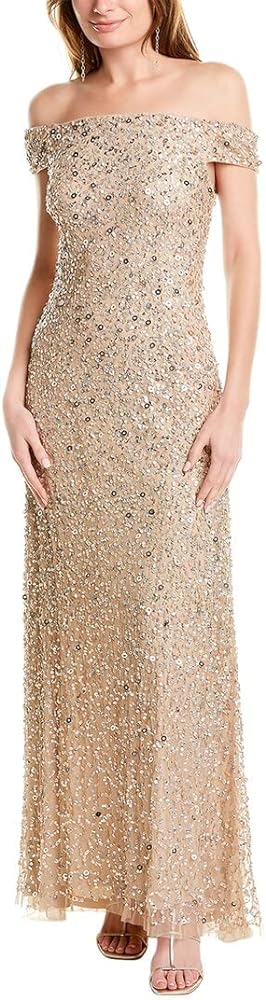 Adrianna Papell Women's Off The Shoulder Sequin Beaded Gown