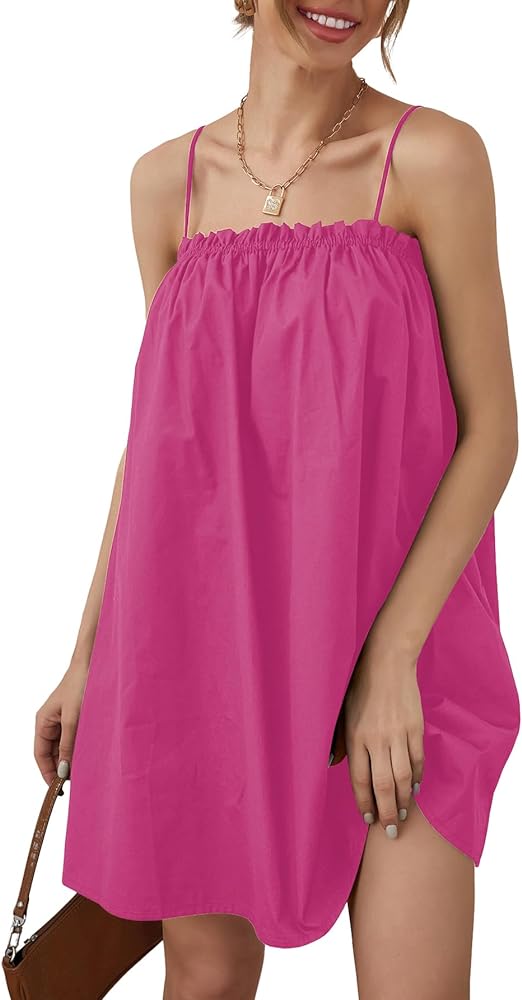 OYOANGLE Women's Spaghetti Straps Sleeveless Loose Ruffle A Line Cami Short Dress with Pocket