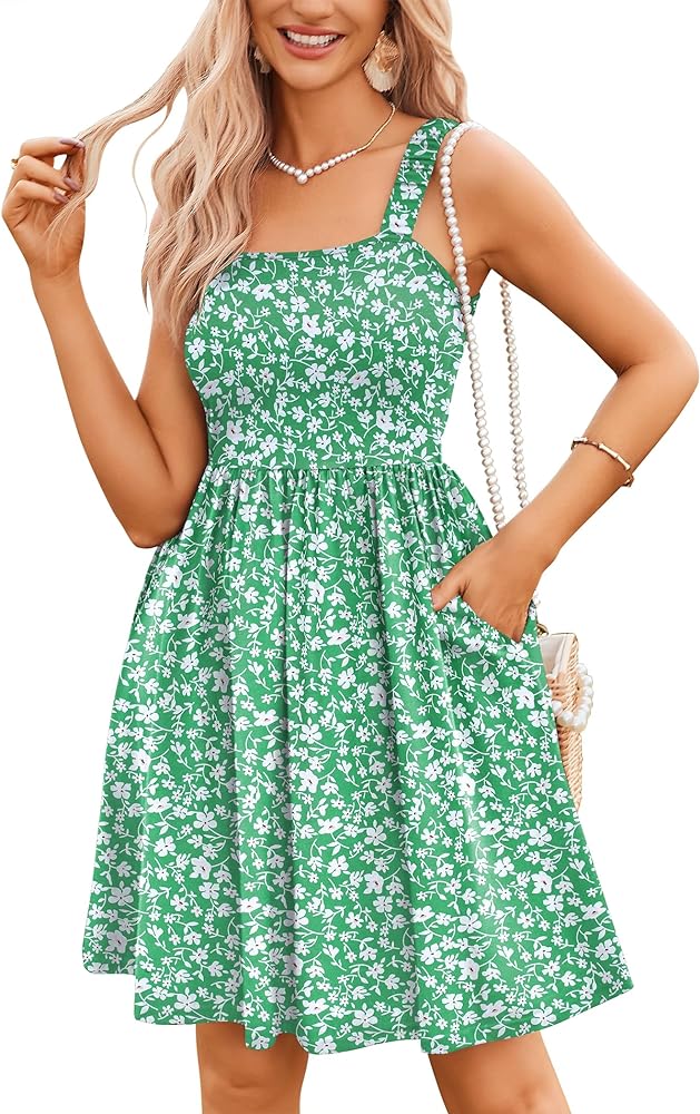 HOTOUCH Women's Summer Dress Floral Square Neck Sleeveless Casual Dress with Pockets A-line Swing Mini Dresses Sundress