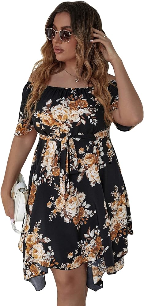 MakeMeChic Women's Plus Size Floral Ruffle Off Shoulder Short Sleeve A Line Summer Short Dress with Belt