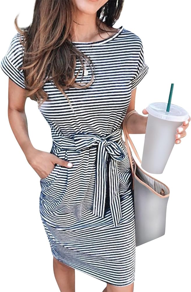 Cotton T Shirt Dresses for Women 2024 Cute Striped Summer Dress Tie Waist Casual Sun Dresses with Pockets