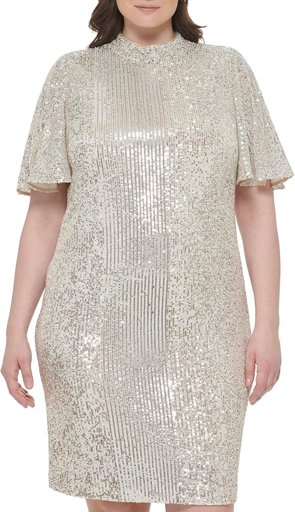 Eliza J Women's Style Sequin Sheath Flutter Sleeve Mock Neck Dress