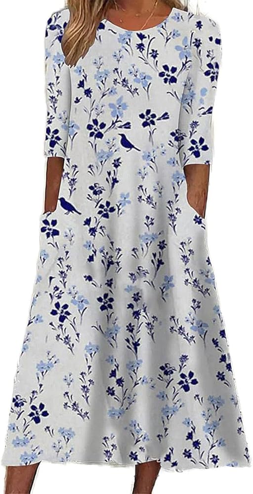 Akivide Womens Bohemian Floral Maxi Dress Casual Loose Summer Short Sleeve Beach Vacation Dresses with Pockets