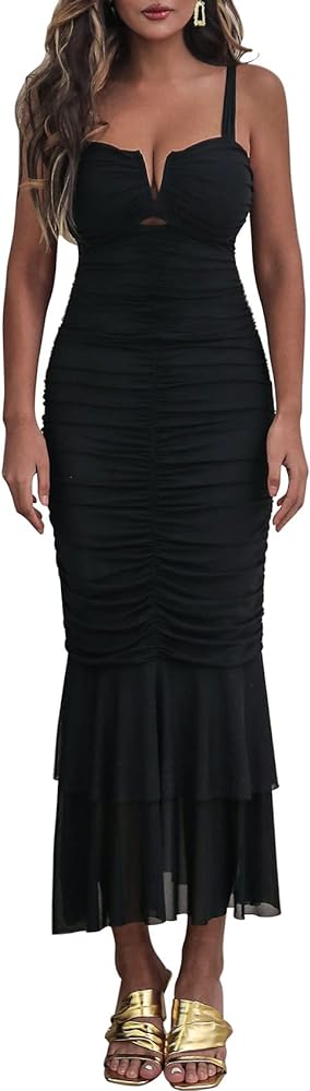 FANTOYE Women's Ruched V Neck Bodycon Dress Formal Sleeveless Mesh Straps Fishtail Midi Dresses