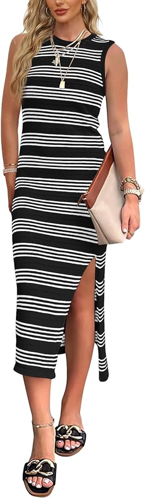 WIHOLL Womens Bodycon Summer Casual Midi Sundress Sleeveless Cute Hollow Out Knit Side Slit Striped Long Tank Dress