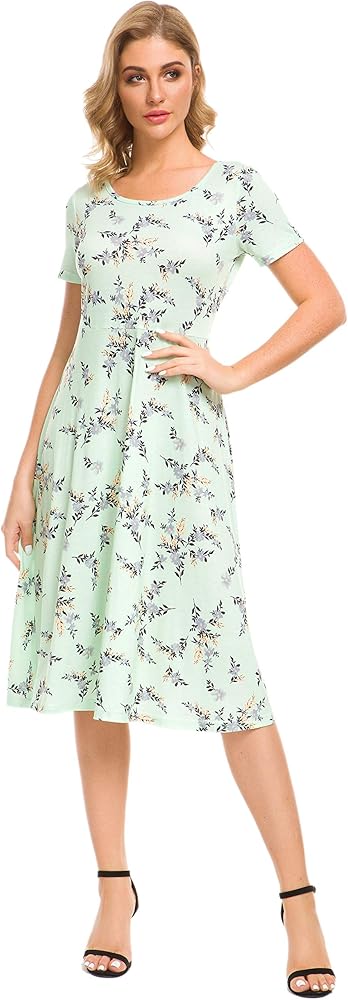 Afibi Floral Printed Petite Flared Midi Dresses for Women Short Sleeve