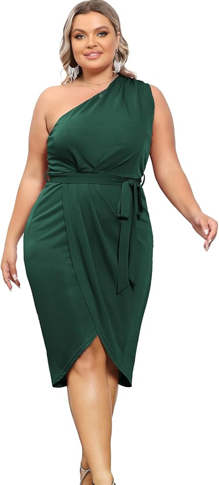 Hanna Nikole Women's Plus Size One Shoulder Bodycon Party Dresses Glitter Wrap Hem Belted Cocktail Midi Dress