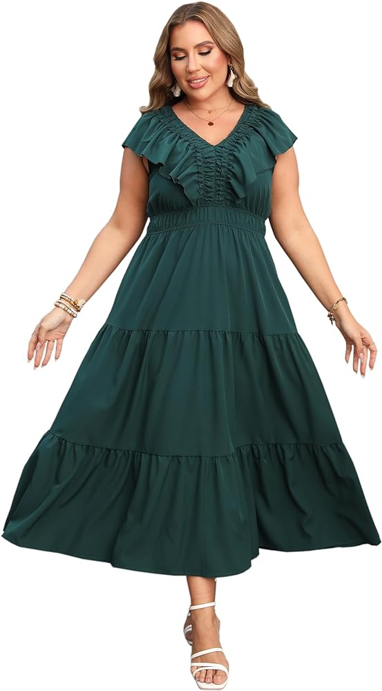 Plus Size Sleeveless Maxi Dress for Women V Neck Ruffle Elegant Casual Dress Modest Floral Summer Dresses