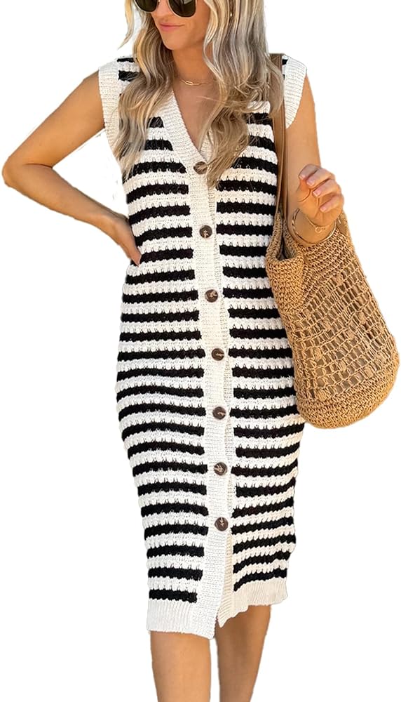 BLENCOT Women's V Neck Striped Sweater Tank Dress Causal Sleeveless Button Cardigan Midi Cover Up Dresses