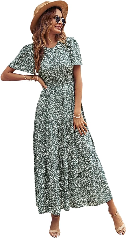 Floerns Women's Boho Floral Short Sleeve Crew Neck A Line Smocked Maxi Dress