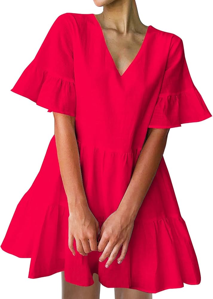 FANCYINN Women’s V Neck Cute Shift Dress with Pockets Bell Sleeve Ruffle Hem Loose Swing Summer Tunic Mini Dress