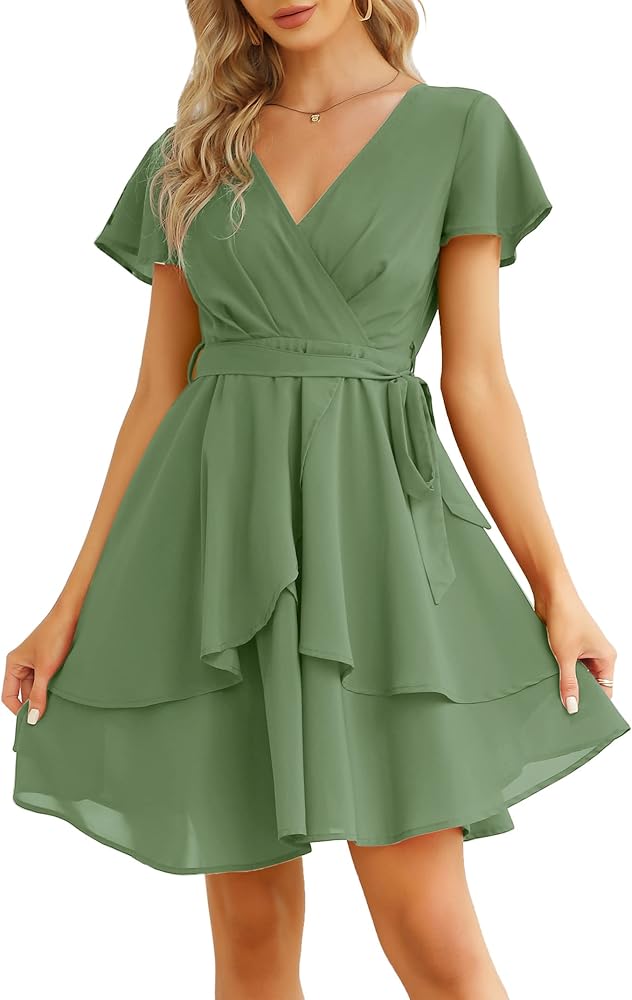 KOJOOIN Womens Skater Dresses Sexy V Neck Short Sleeve Tie Waist Solid Ruffle Boho Flowy Swing Mini Dress