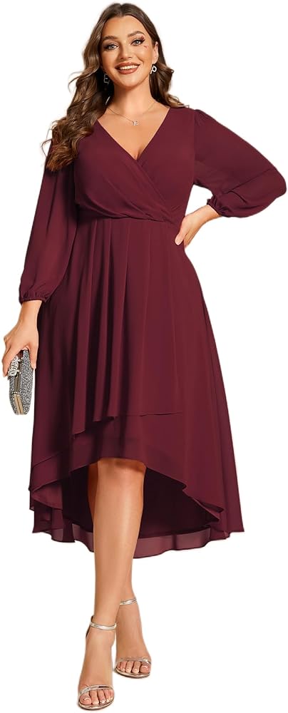 Ever-Pretty Women's A Line Pleated V Neck Midi Plus Size Wedding Guest Dresses for Curvy Women 01926-DA