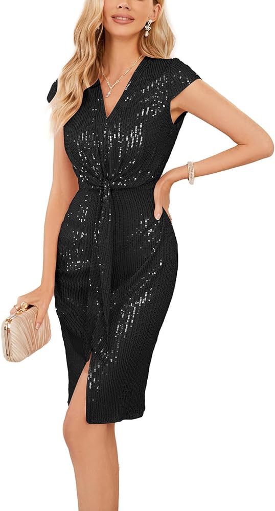 GRACE KARIN Sequin Sparkly Dresses for Women Glitter Front Tie Cap Sleeves V Neck Midi Bodycon Cocktail Dress