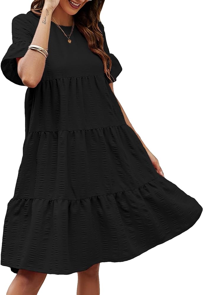 SOLY HUX Women's Summer Dresses Short Sleeve Ruffle Hem Smock Dress Babydoll Short Dresses