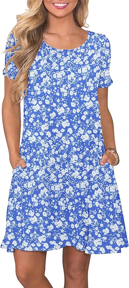 WNEEDU Women's Summer Casual T Shirt Dresses Short Sleeve Swing Dress with Pockets