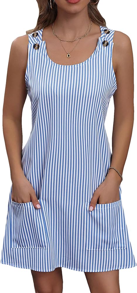 SweatyRocks Women's Sleeveless Striped Print Button Strap Short Dress Pockets Mini Tunic Tank Dress