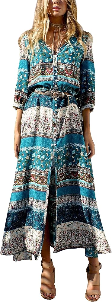 R.Vivimos Women's Summer Boho Button Up V Neck Floral Print Roll Up Causal Split Beach Midi Dresses