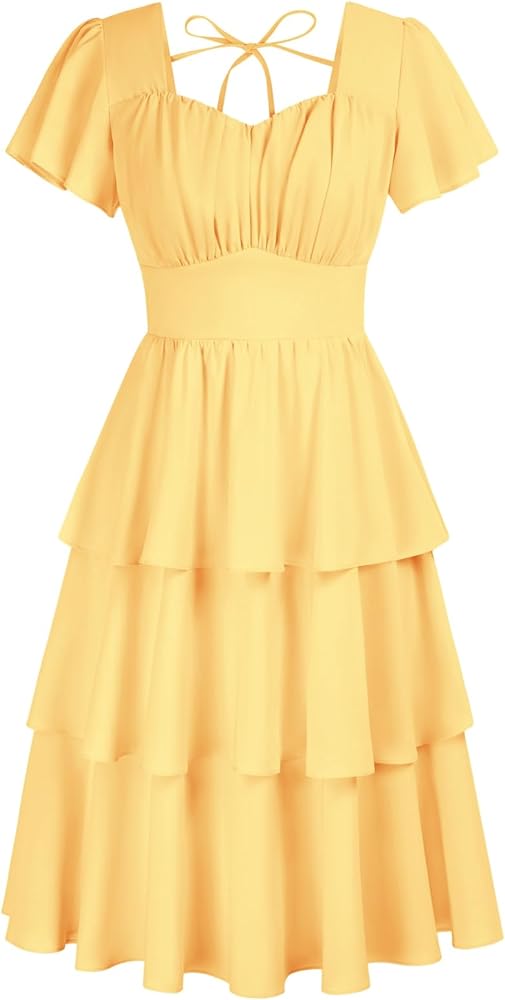 Belle Poque Women's Square Neck Tiered Ruffle Dress 2024 Summer Vintage Short Sleeve Layered A-line Swing Midi Dress