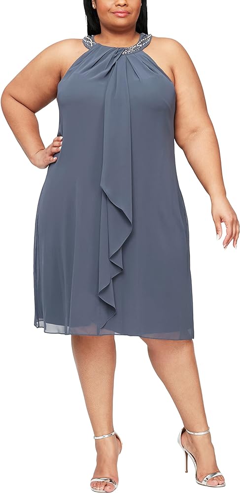 S.L. Fashions Women's Plus Size Jewel Neck Chiffon Halter Dress