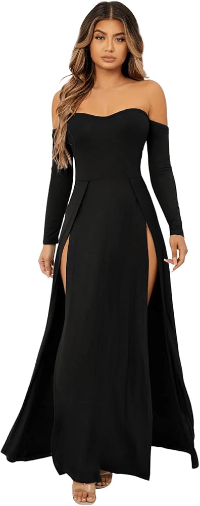 SweatyRocks Women's Elegant Off Shoulder Double High Slit Long Sleeve Dress A Line Maxi Dresses