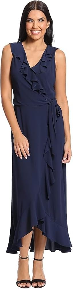 London Times Women's Soft and Flowy Feminine Ruffle Hi-Low Faux Wrap Maxi Dress