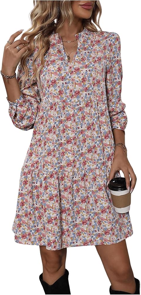 MakeMeChic Women's Ditsy Floral Print Notched V Neck Flounce Long Sleeve Ruffle Mini Short Smock Dress