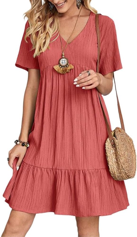 Women's Summer Dresses V-Neck Flutter Sleeve Flowy Short Mini Dress Casual A-Line Ruffle Tiered Swing Dresses