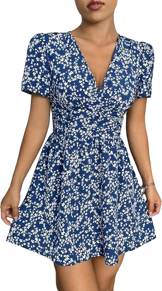 Milumia Women's Petite Boho Ditsy Floral Ruched V Neck Short Sleeve Flare Mini Dress