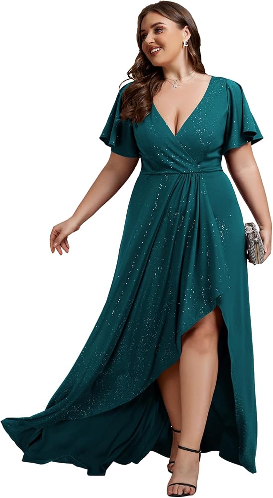 Ever-Pretty Women's Glitter A-line High Low Ruffles Plus Size Formal Dresses with Sleeves 1738-DAPH