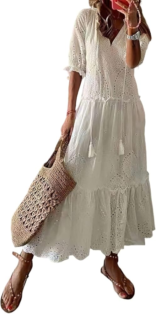 Women's Summer Boho Floral Maxi Dresses Flowy Casual Ruffle Tiered Beach Vacation Wedding Long Tshirt Dress