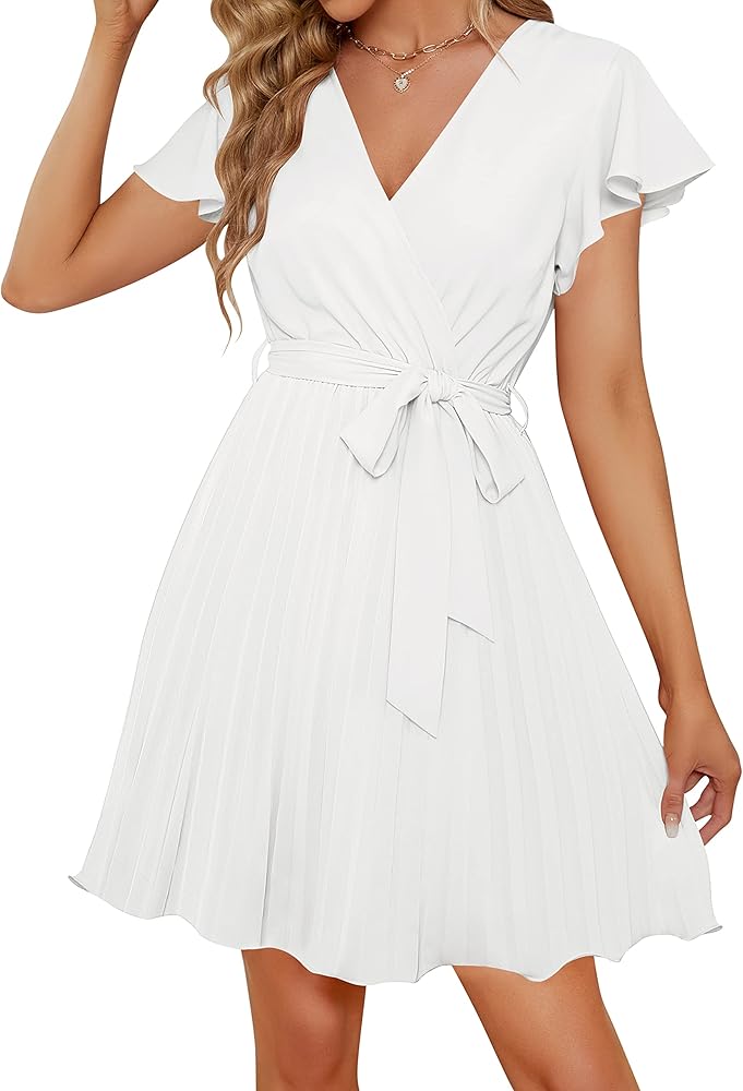 ZESICA Women's Wrap V Neck Mini Dress 2024 Summer Flutter Sleeve Tie Waist Pleated A Line Swing Wedding Party Short Dresses