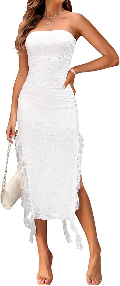 MEROKEETY Women's 2024 Strapless Bodycon Tube Dress Sexy Floral Lace Ruffle Slit Wedding Guest Cocktail Midi Dresses