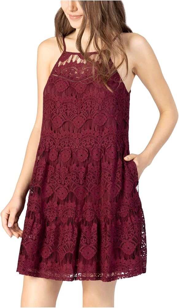 Speechless Womens Pocketed Tie Lace Tiered Lined Sleeveless Halter Short Shift Dress