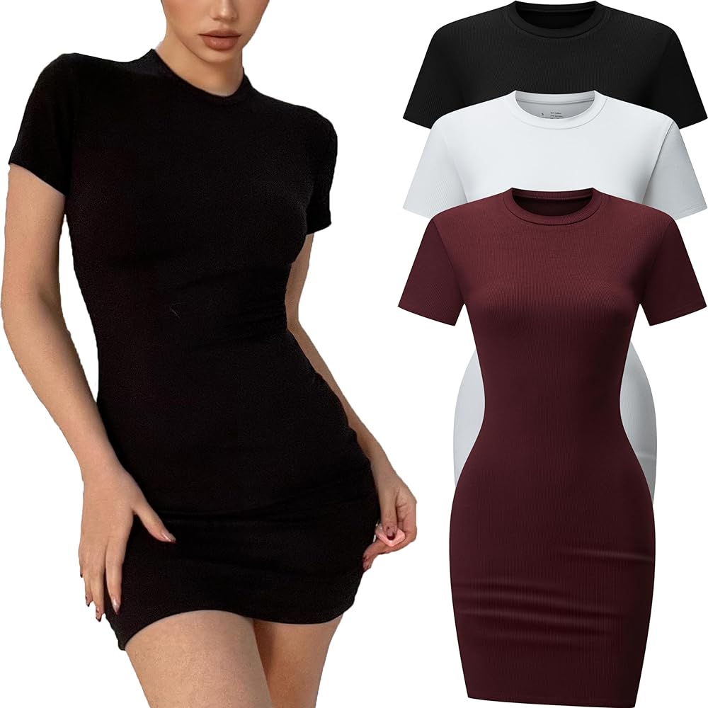 3 Pack Bodycon Dresses for Women Summer Crew Neck Short Sleeve T Shirt Dress Basic Casual Bodycon Mini Dress