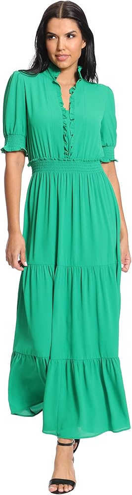 London Times Women's Smocked Puff SLV Ruffle Nk Tiered Midi Dress