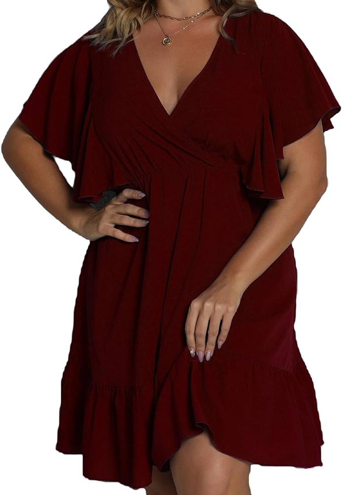 Floerns Women's Plus Size Solid Wrap V Neck Short Sleeve Ruffle A Line Dress