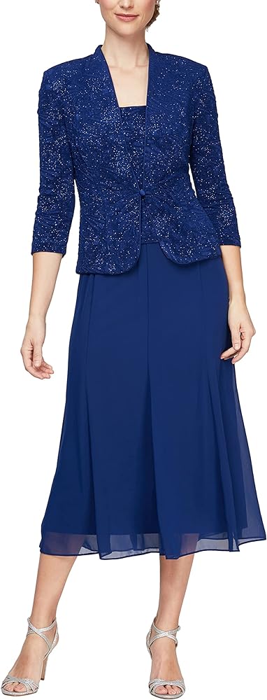 Alex Evenings Women's Jacket Dress, Perfect for Weddings, Formal Events (Petite and Regular Sizes), Electric Blue Tea Length, 16P