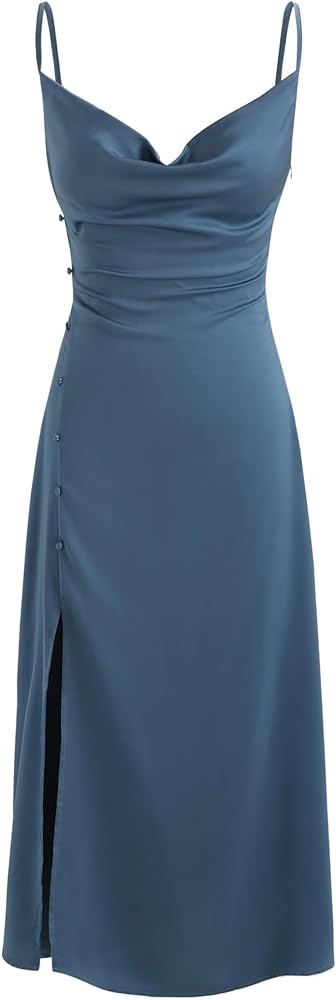 CIDER Solid Cowl Neck Slit Midi Dress