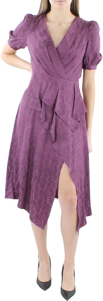 BCBGMAXAZRIA Women's Fit and Flare Cocktail Dress Faux Wrap Peplum Ruffle Elbow Puff Sleeve Asymmetrical Hem Front Slit