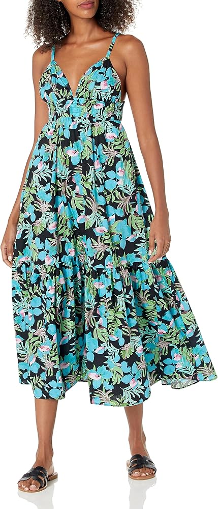 MOON RIVER Women's Sweetheart Neck Sleeveless Back Cut-Out Tiered Shirred Smock Midi Dress