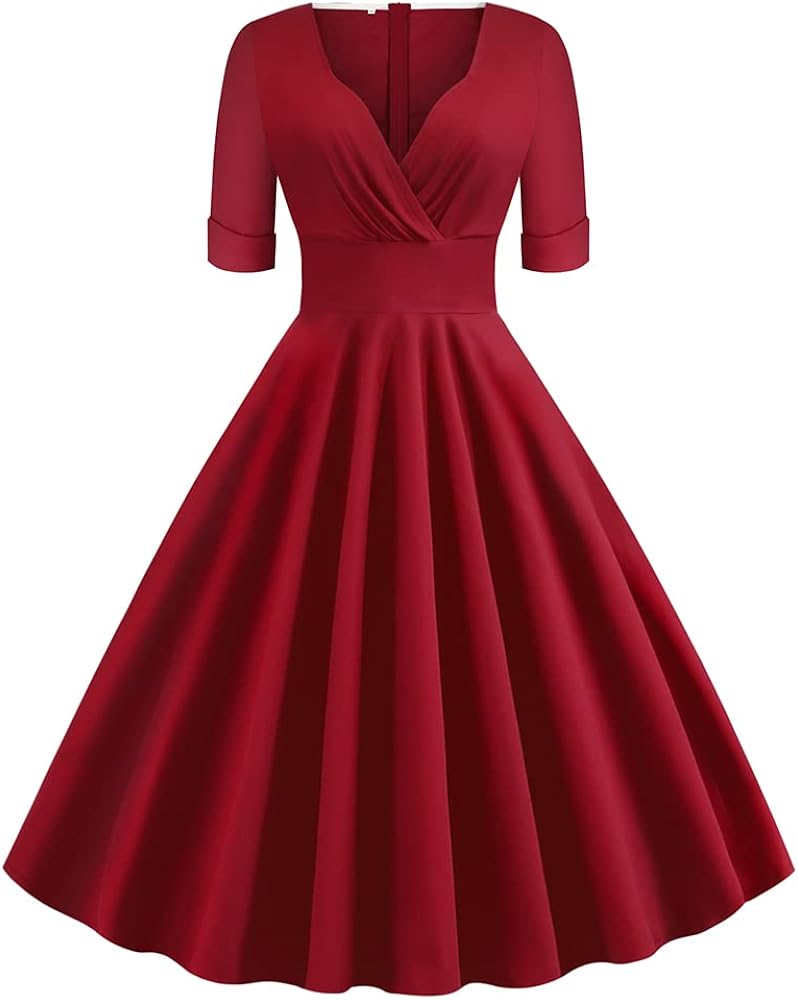 Women Vintage 1950s V-neck Rockabilly Swing Audrey Hepburn 50s Pinup A-line Cocktail Tea Party Dress