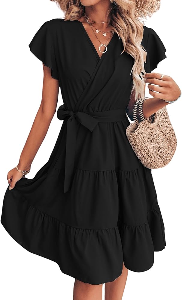 MakeMeChic Women's Cap Short Sleeve V Neck Wrap Ruffle A Line Swing Belted Short Dress