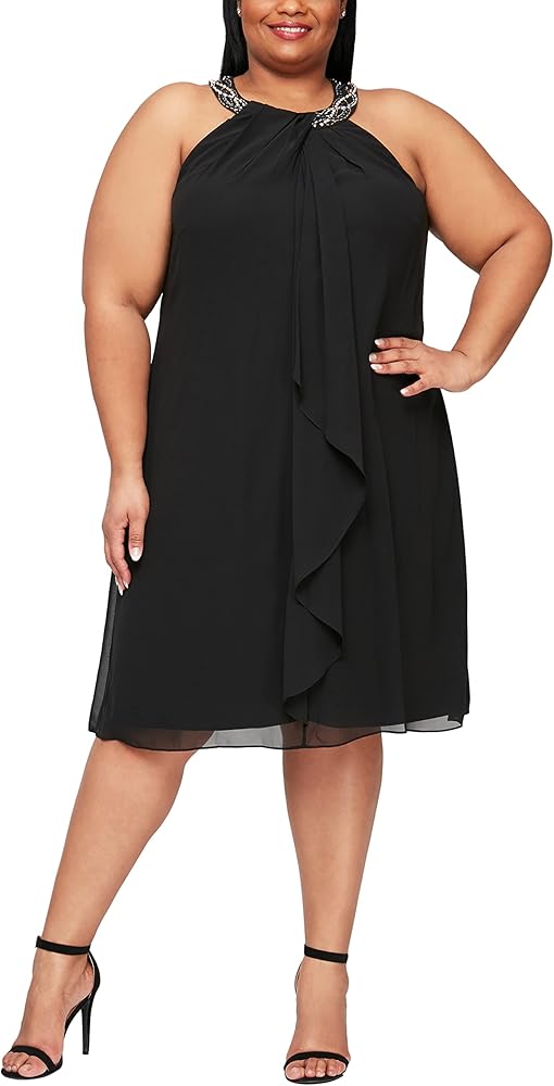 S.L. Fashions Women's Plus Size Jewel Neck Chiffon Halter Dress