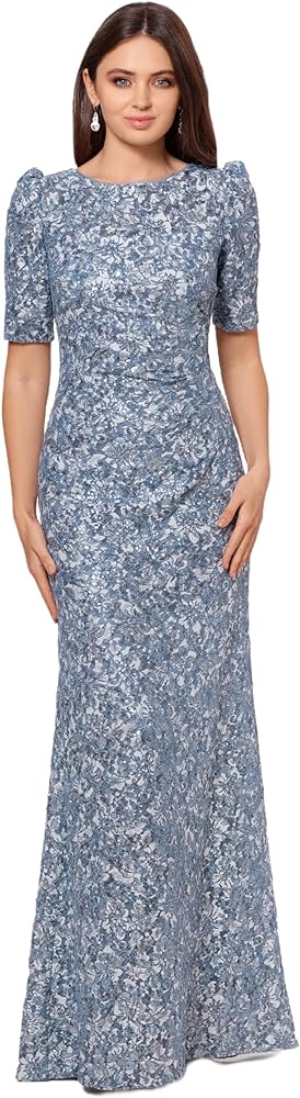 Xscape Women's Long Lace Sequin Side Ruched Dress (Reg and Petite)