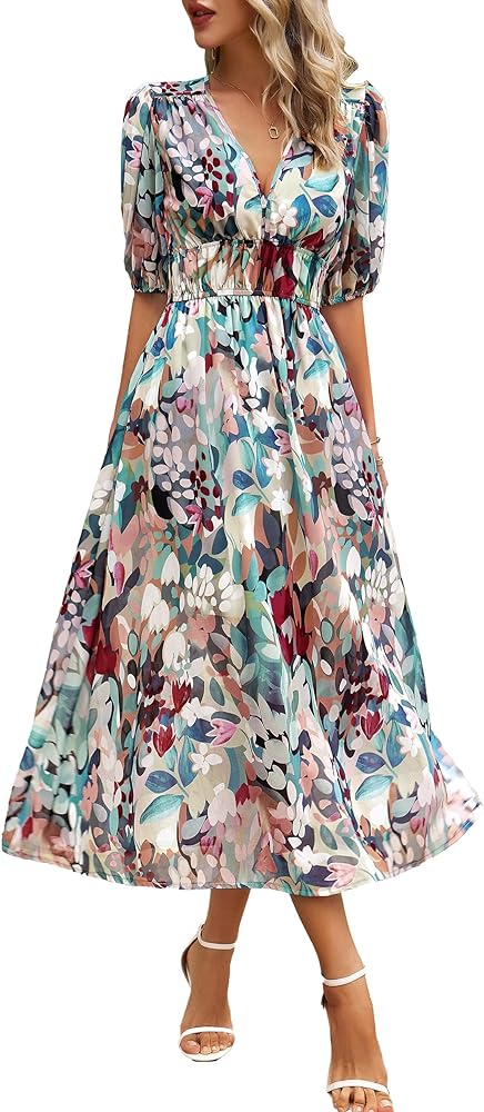 Women 2024 Floral Midi Dress, Flowy V Neck Boho Summer Dress